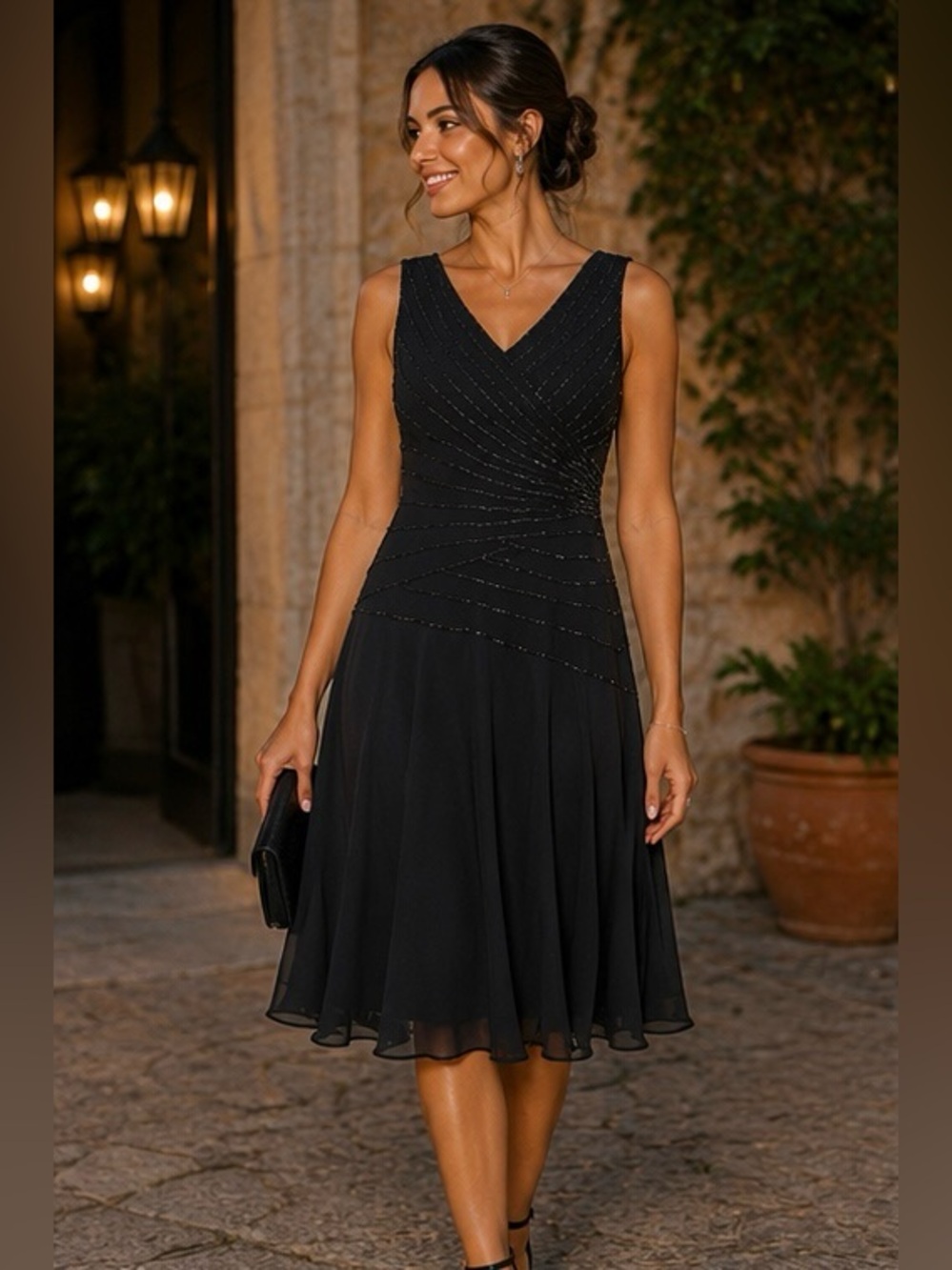 Black Beaded Evening Dress Sleeveless V Neck Midi Formal Dress Size M